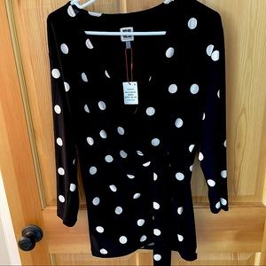 Anne Klein Black Polka-Dot Wrap Long Sleeve NWT!